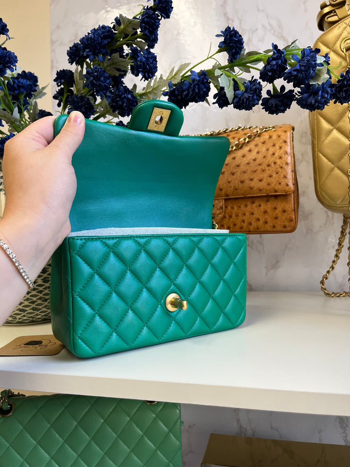 Chanel Limited Edition Green Iridescent Mini Rectangular Top Handle Flap Bag