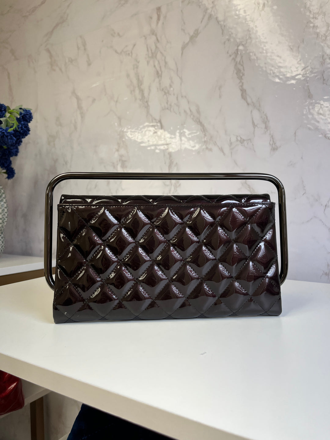 Chanel Classic Flap Patent Metallic Black Frame Clutch
