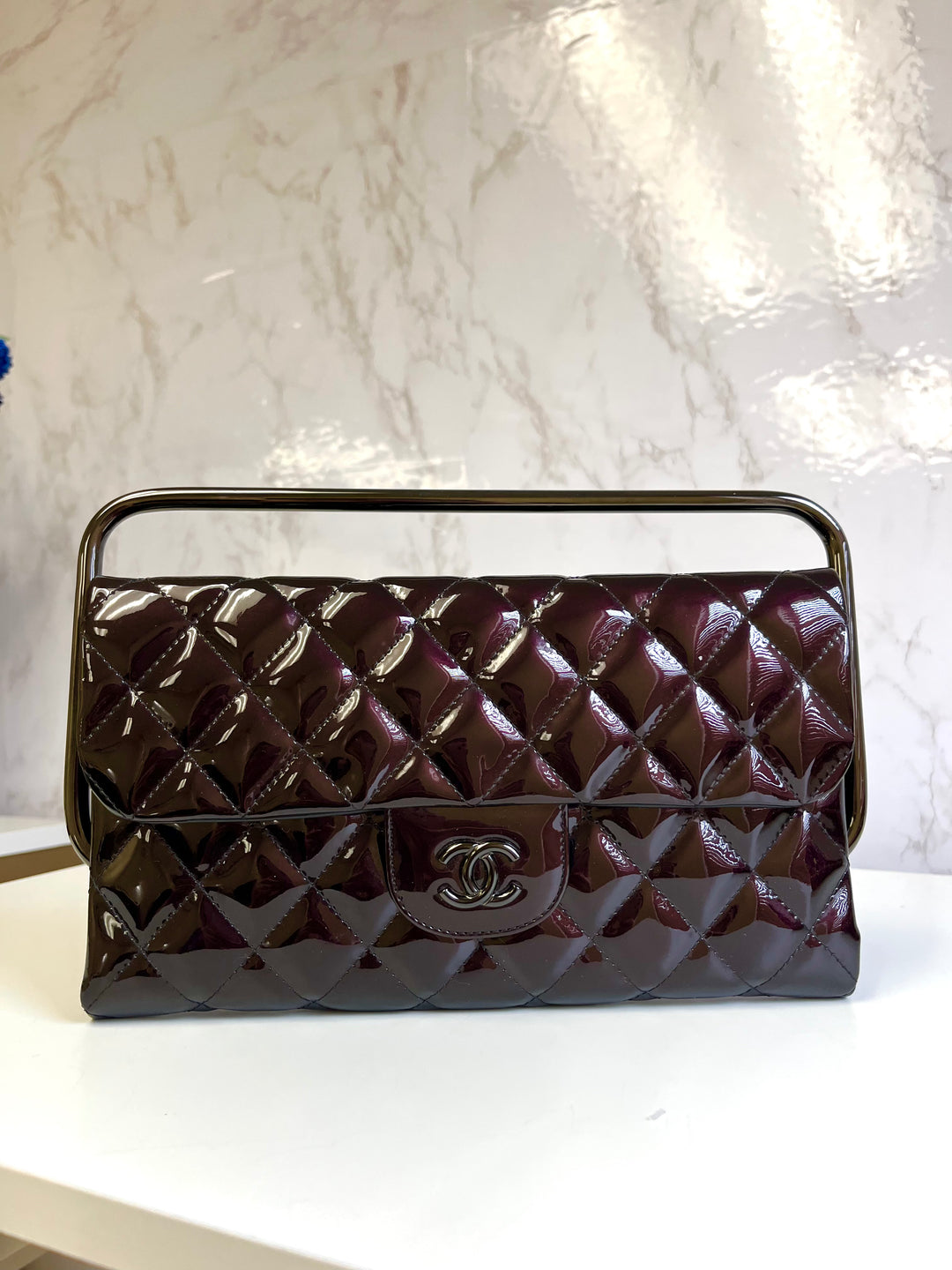 Chanel Classic Flap Patent Metallic Black Frame Clutch
