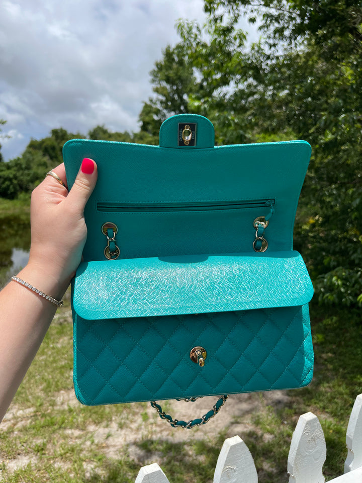 Chanel Turquoise (17C) Medium Caviar Double Flap Bag
