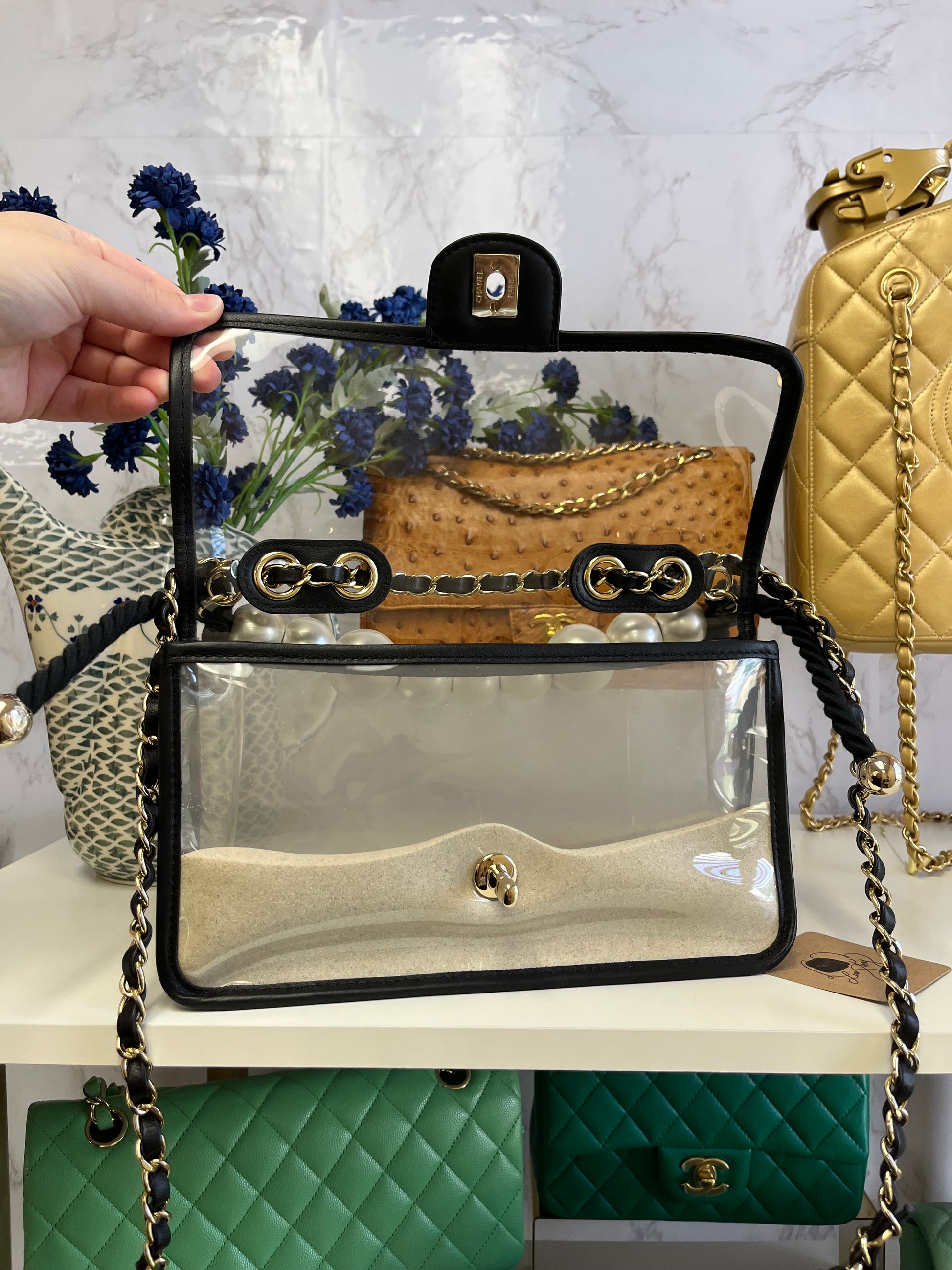 Chanel Lambskin PVC Sand By The Sea Flap Bag With Pearl Strap