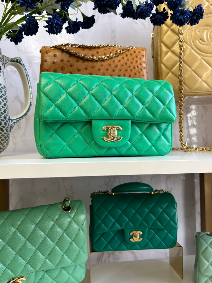 Chanel Neon Green Lambskin Mini Rectangular Flap Bag