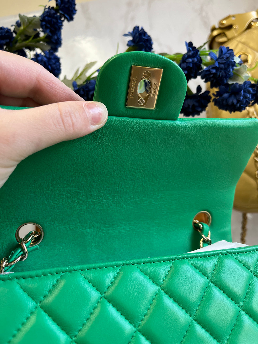 Chanel Neon Green Lambskin Mini Rectangular Flap Bag
