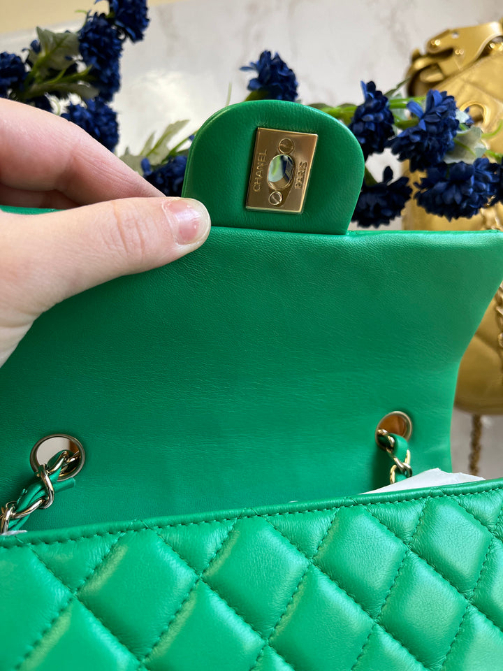 Chanel Neon Green Lambskin Mini Rectangular Flap Bag