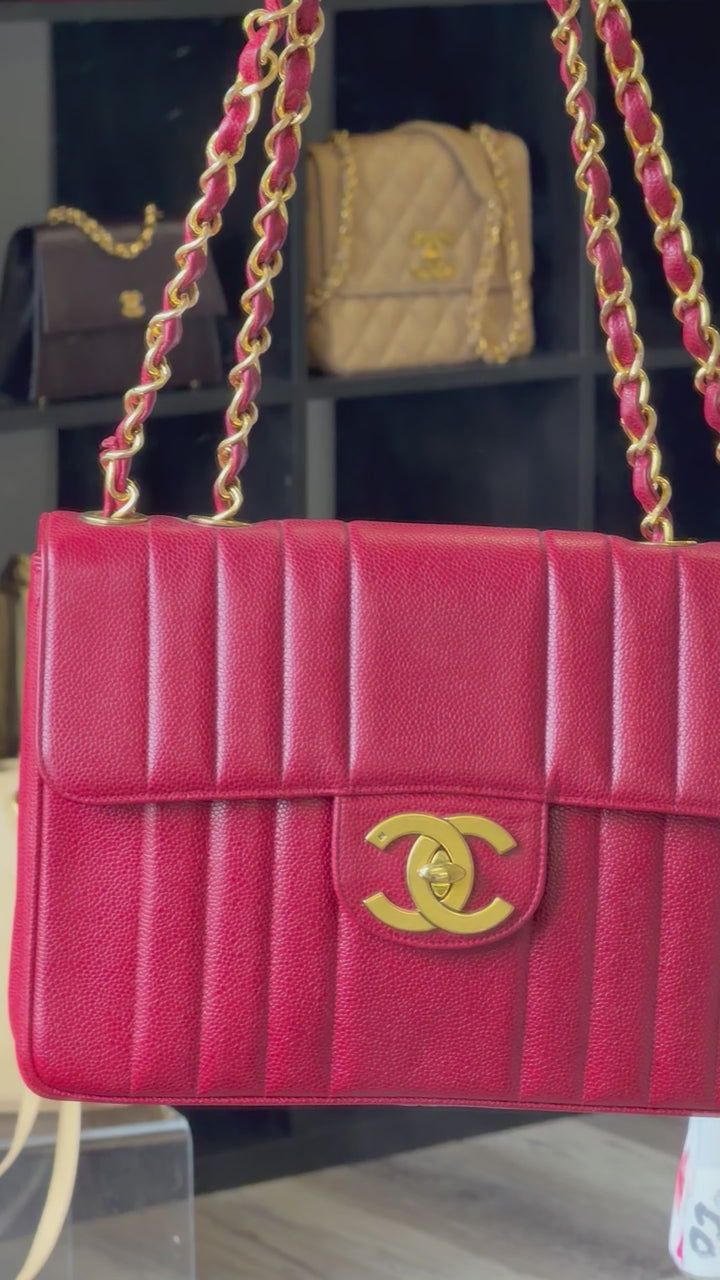 Chanel Vertical Flap Jumbo Red Caviar 24K Gold Plated Hardware 1994