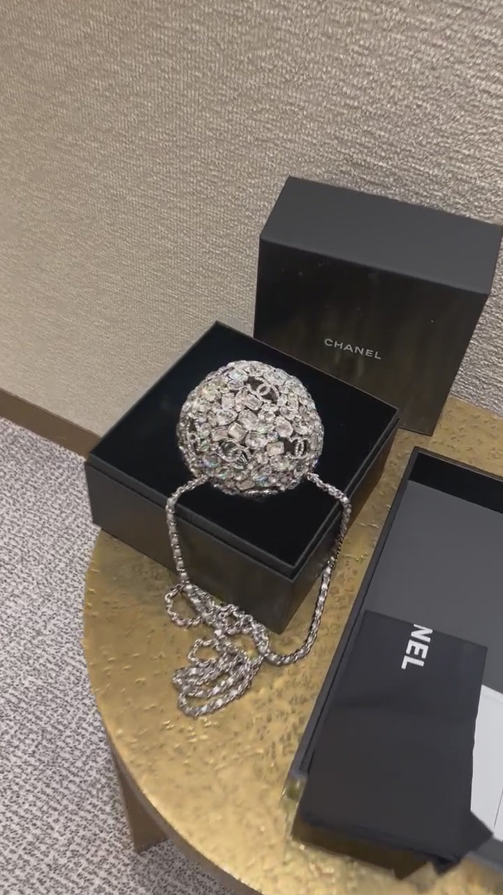Chanel Sphere Minaudière Clutch Silver Metal & Strass Crystals Silver-Tone Hardware 2025