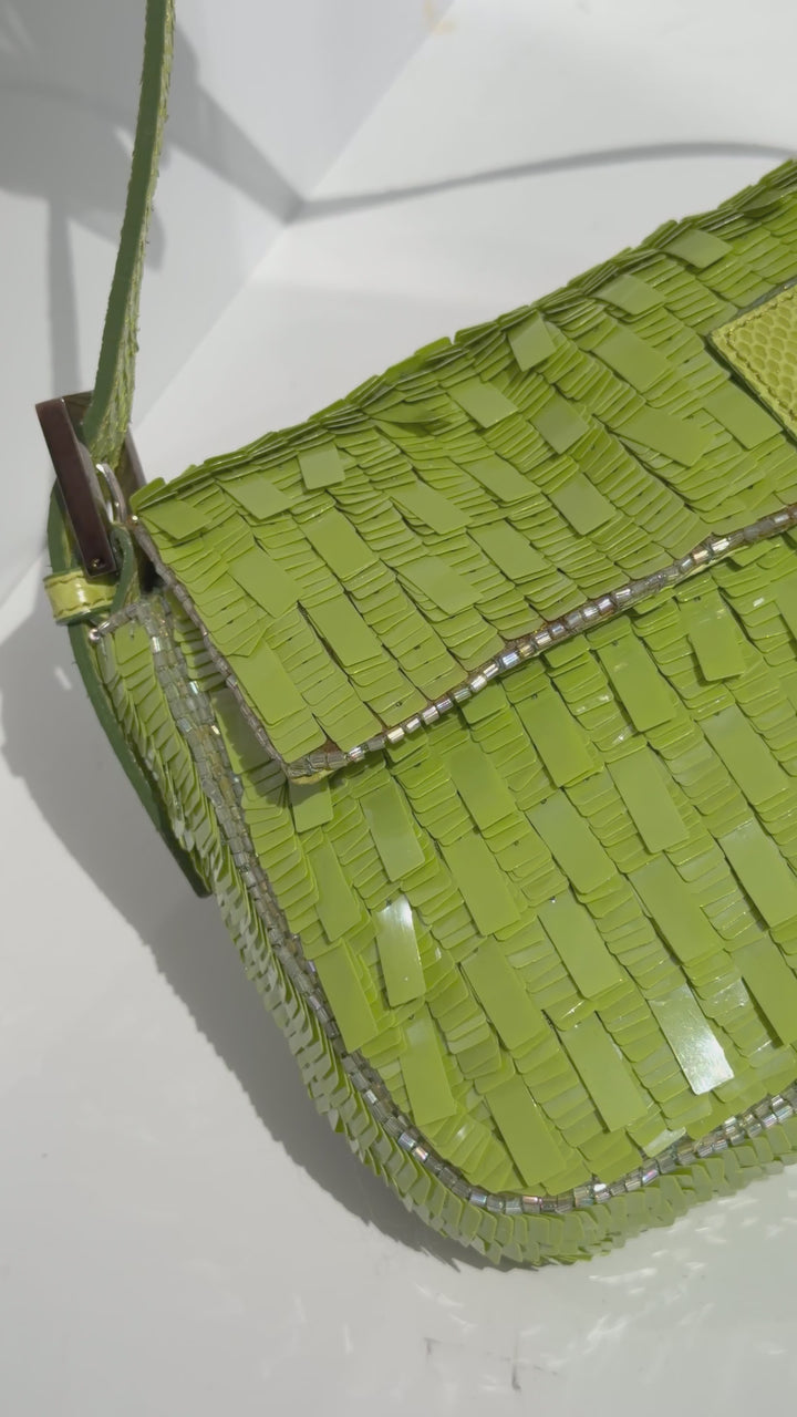 Fendi Lime Green Sequin Baguette Python Trim Silver Hardware 2000