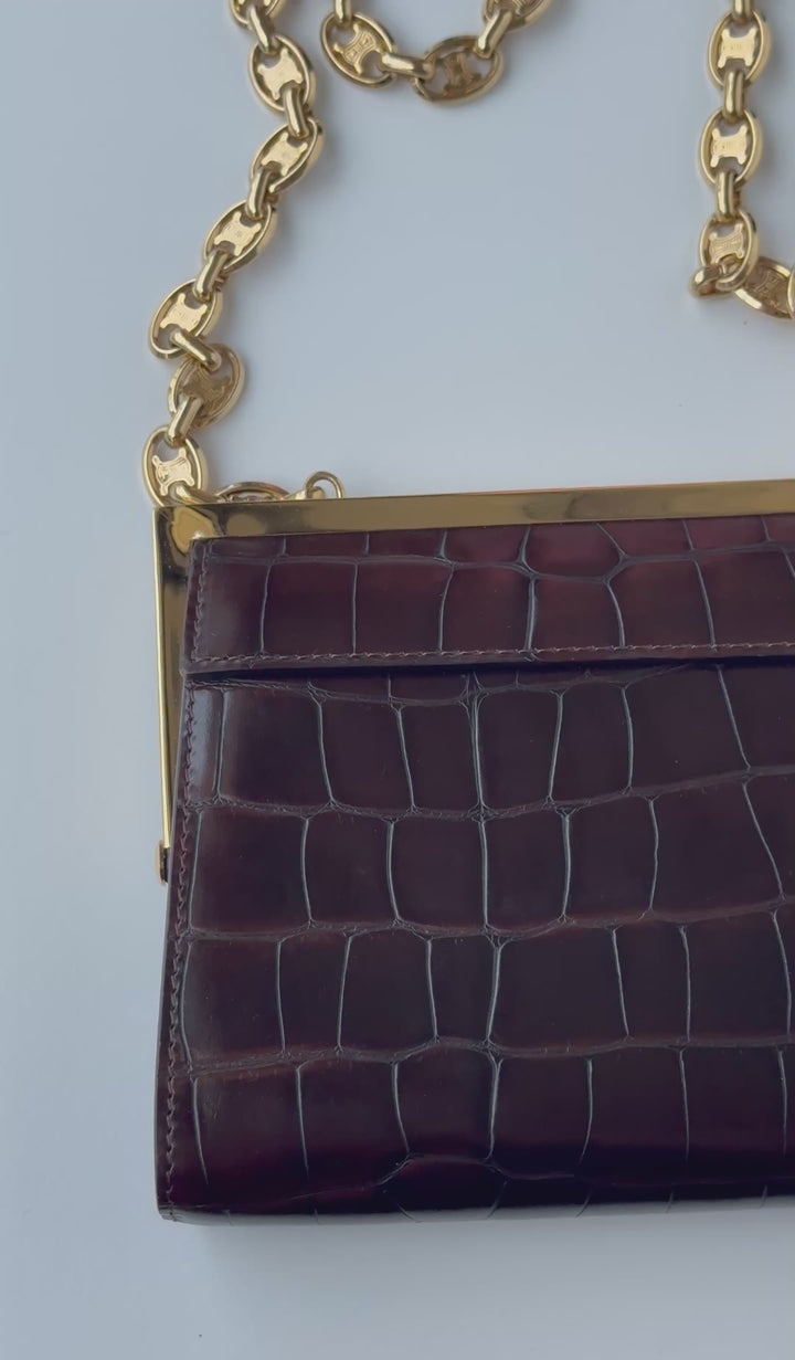 Celine Croc Embossed Brown Shoulder Clutch Bag