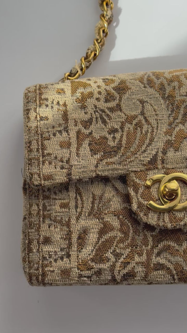Chanel 1991 Bronze Metallic Brocade Vintage Mini Square Flap Bag