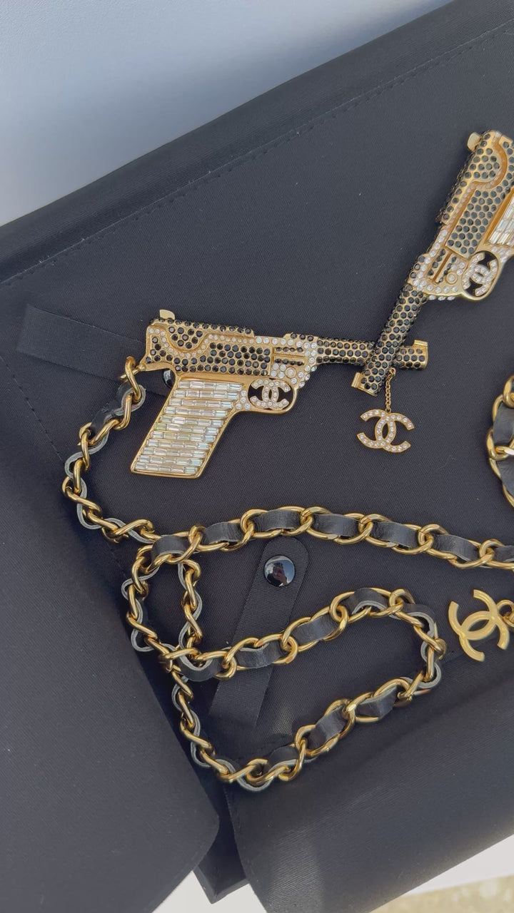 Chanel Runway Pistols Belt Necklace Black Leather Crystal Gold Hardware 2001