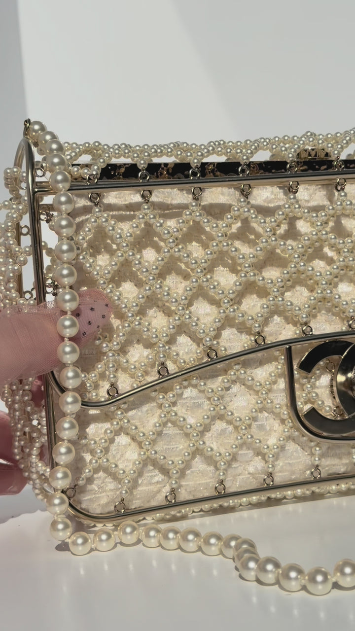 Chanel 2014 Pearl Embellished Caged Flap Minaudière Bag