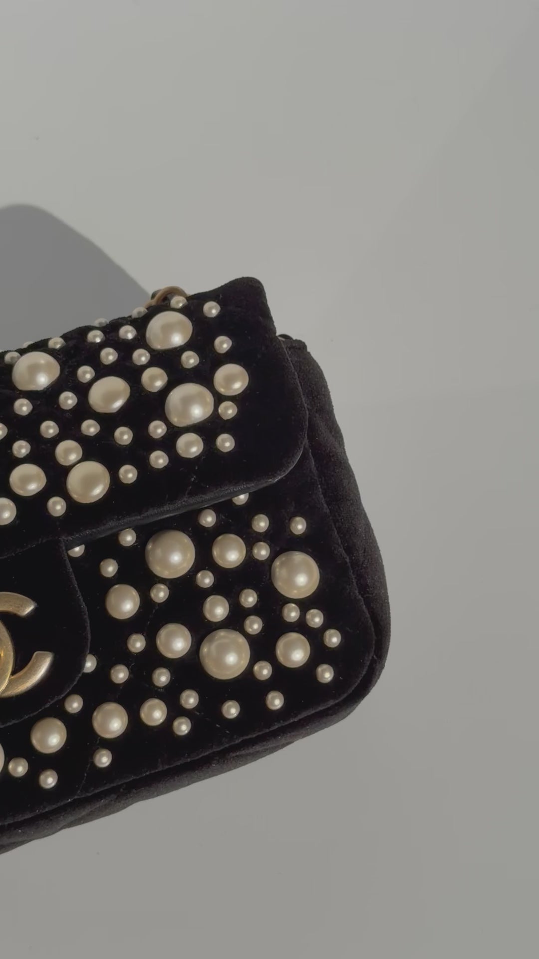 Chanel Black Velvet Mini Pearl Flap Bag