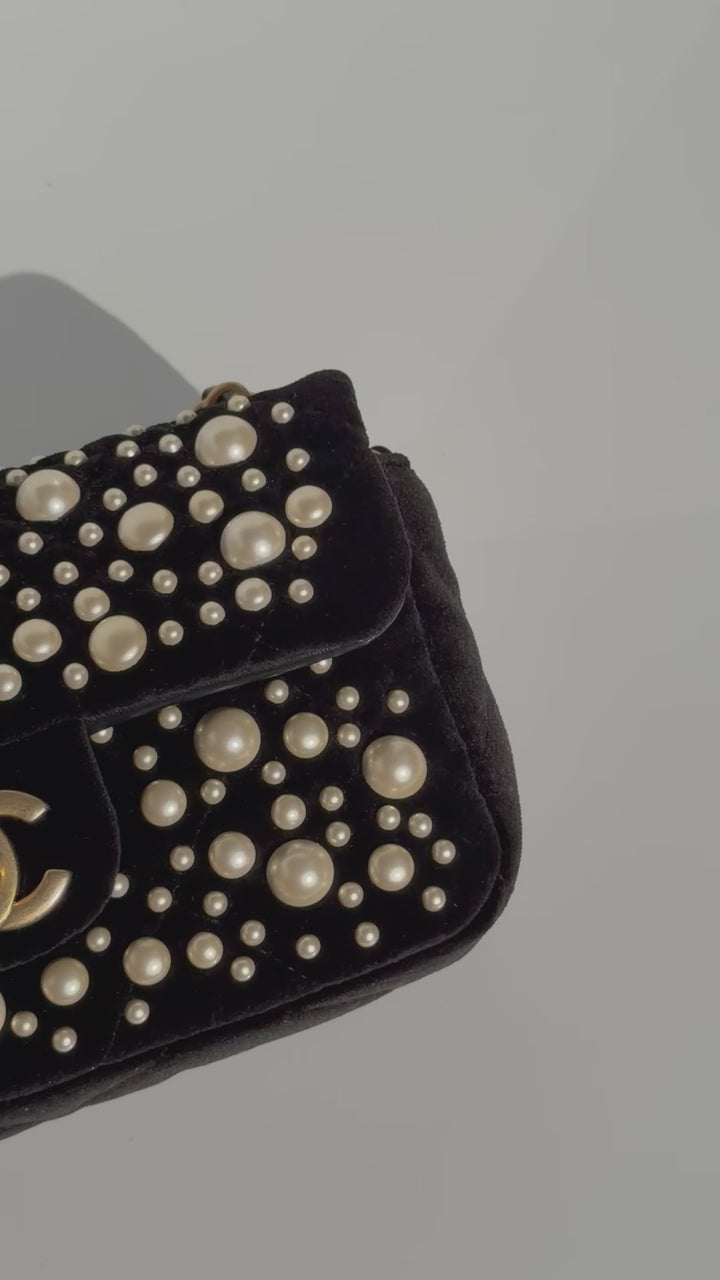 Chanel Black Velvet Mini Pearl Flap Bag