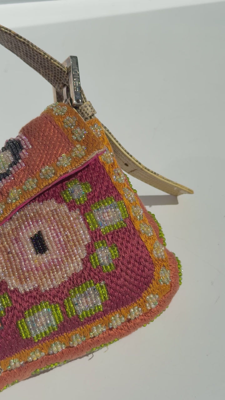 Fendi Multicolor Orange Beaded Baguette Lizard Trim Silver Hardware