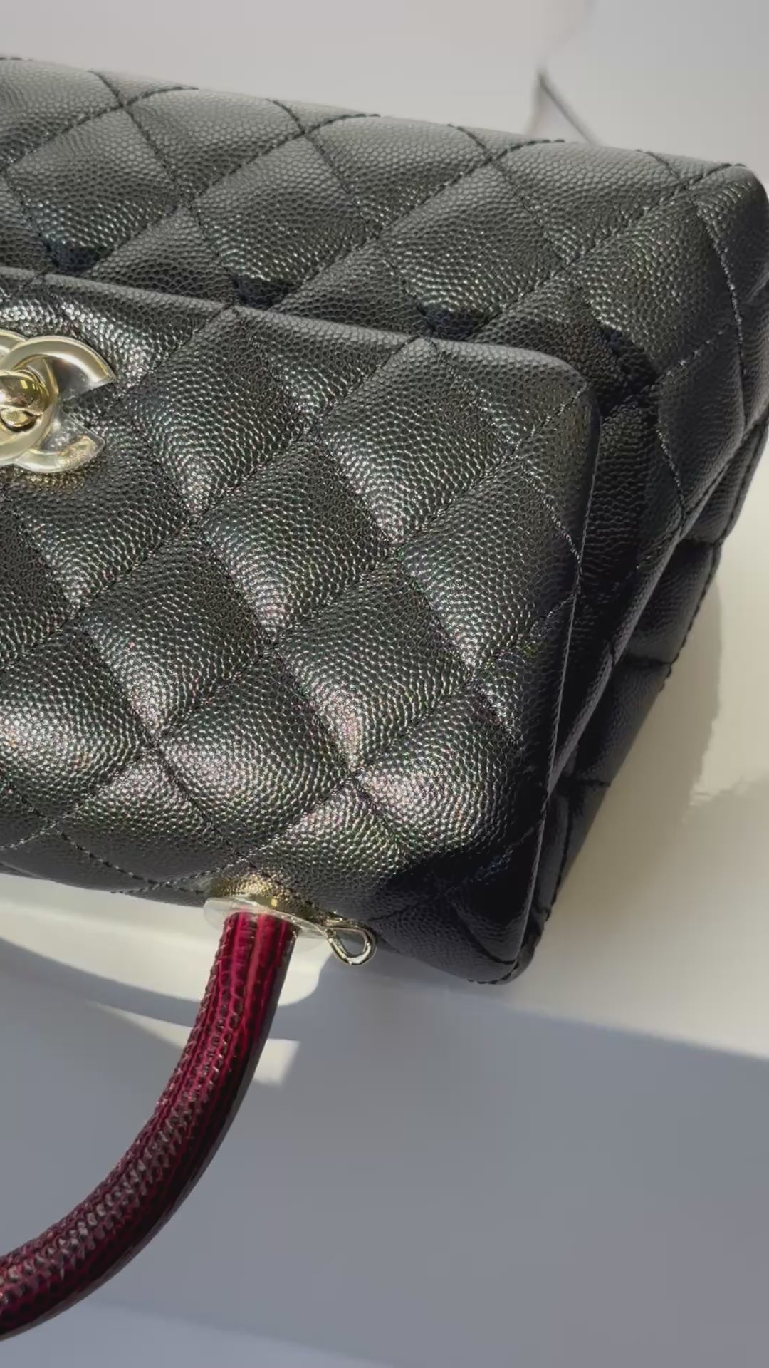 Chanel Small Black Caviar Coco + Burgundy Lizard Top Handle