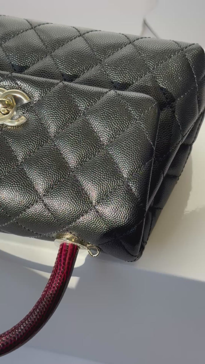 Chanel Small Black Caviar Coco + Burgundy Lizard Top Handle