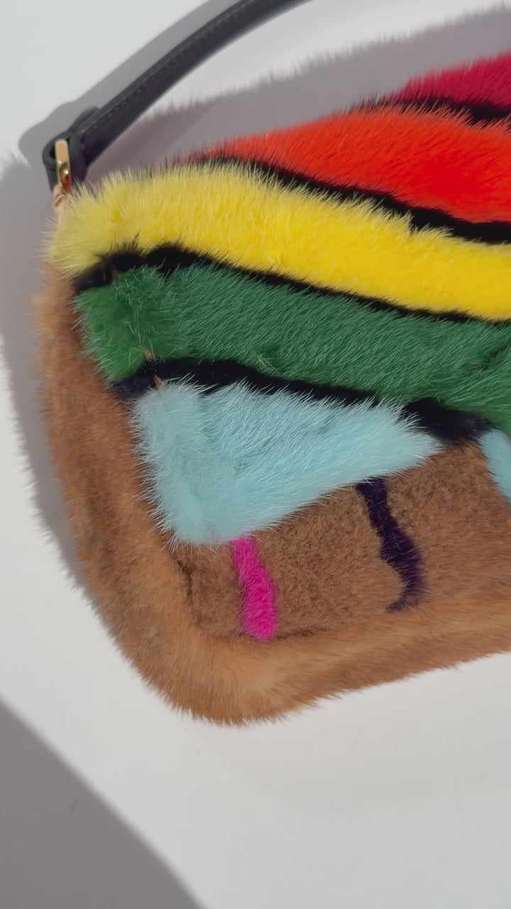 Fendi Baguette Visone Intarsio Arcobaleno Multicolor Mink Fur Gold Hardware 2022