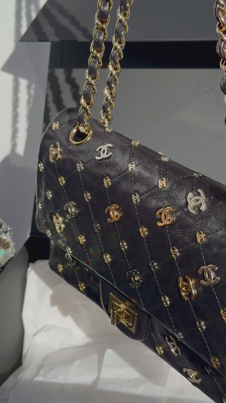 Chanel Medium Reissue 2.55 Flap Bag Black Leather Gold Hardware Punk Charms 2007