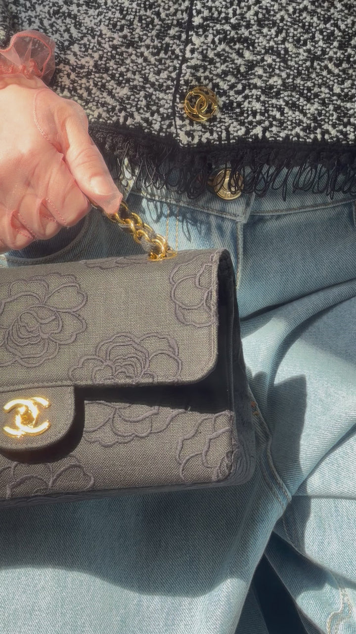 Chanel Classic Flap Small Camellia Black 24K Gold Hardware 1997