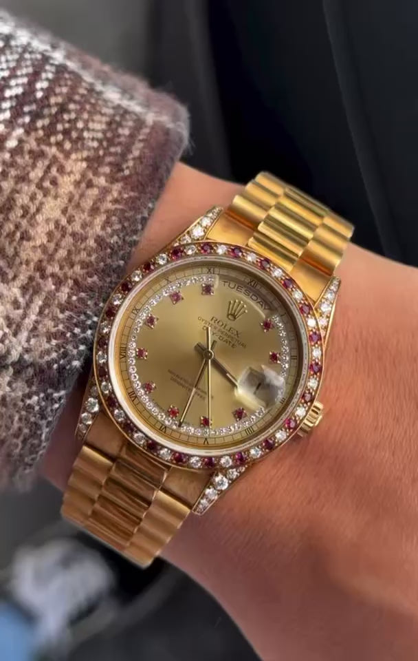 Vintage 1990 Rolex Day-Date 36mm Yellow Gold, Ruby String Dial Diamond Watch