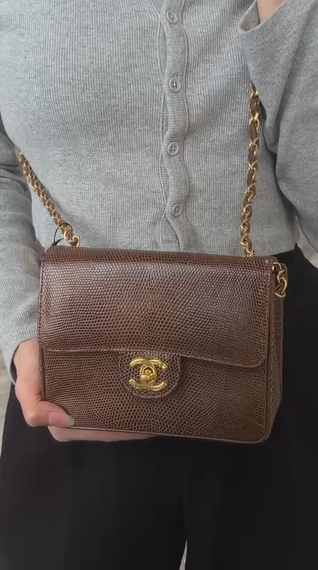 Chanel Brown Vintage Lizard Mini Square Flap Bag 1986