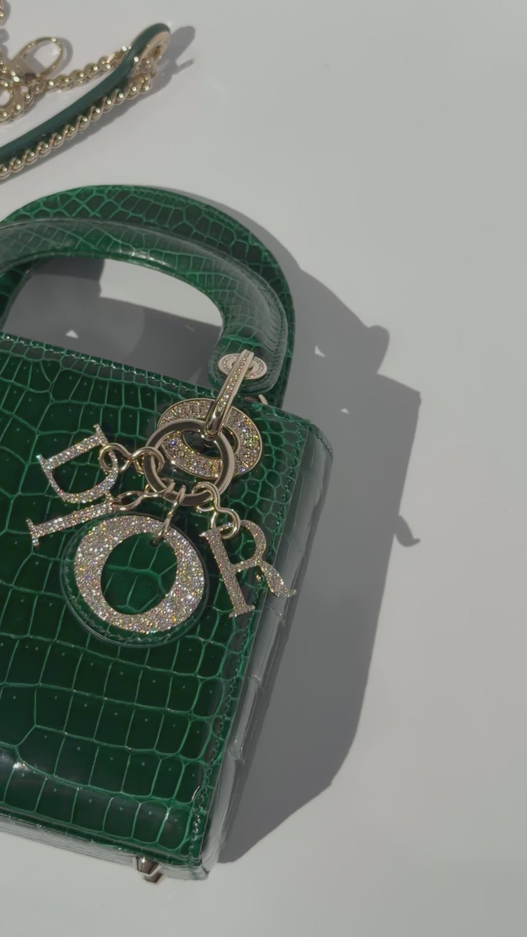 Dior Emerald Crocodile Mini Lady Dior Top Handle Diamond Gold Hardware 2022