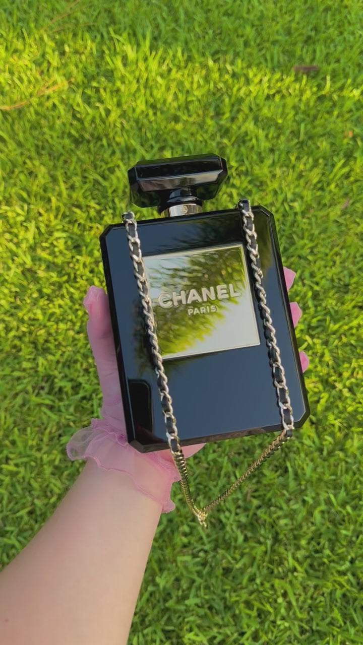 Chanel Black Acrylic Plexiglass Perfume Bottle Minaudière