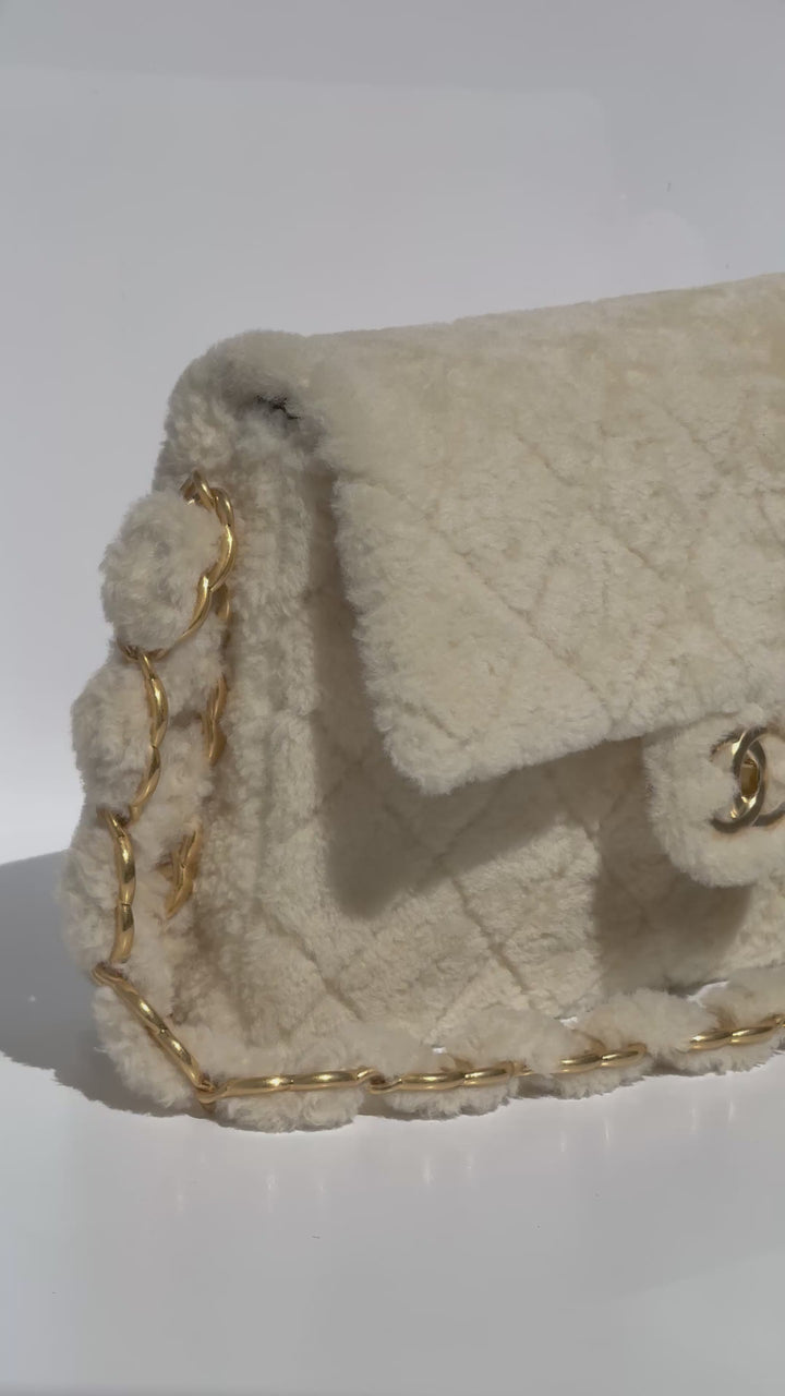 Chanel Ecru Shearling Lambskin Medium CC Chains Flap Bag