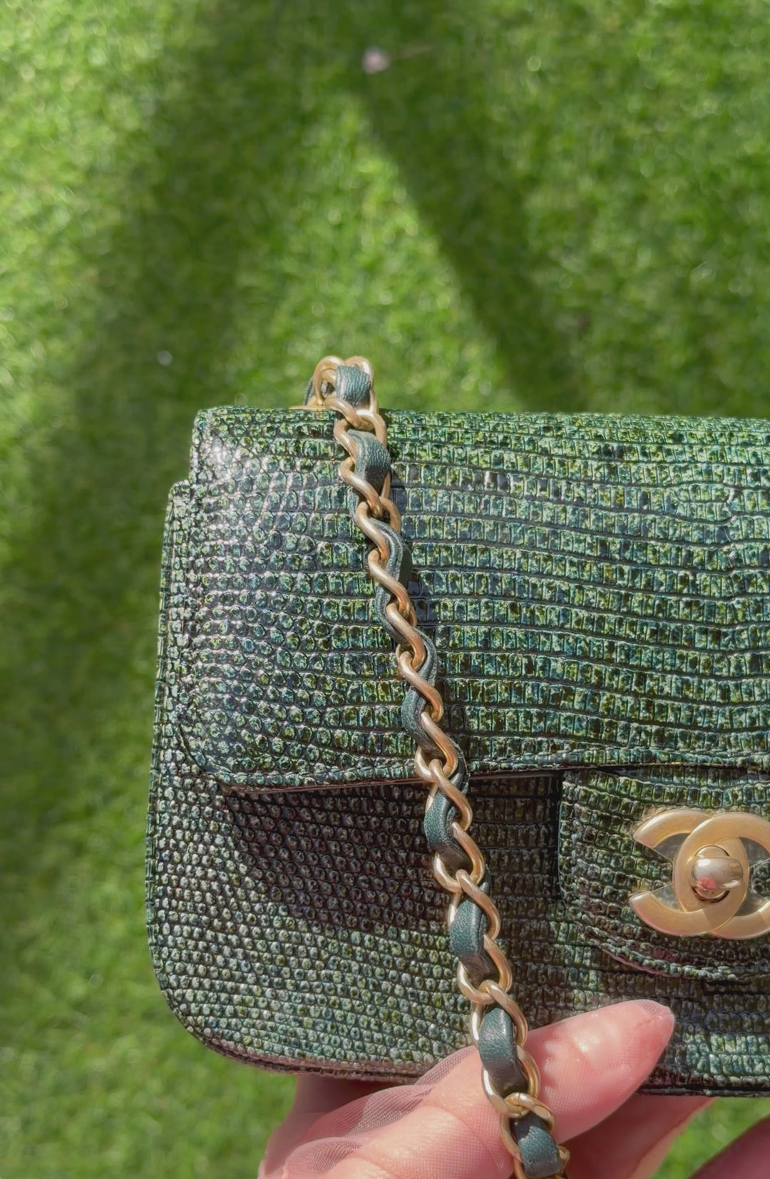 Chanel Mini Flap Green Lizard Brushed Gold Hardware 2018