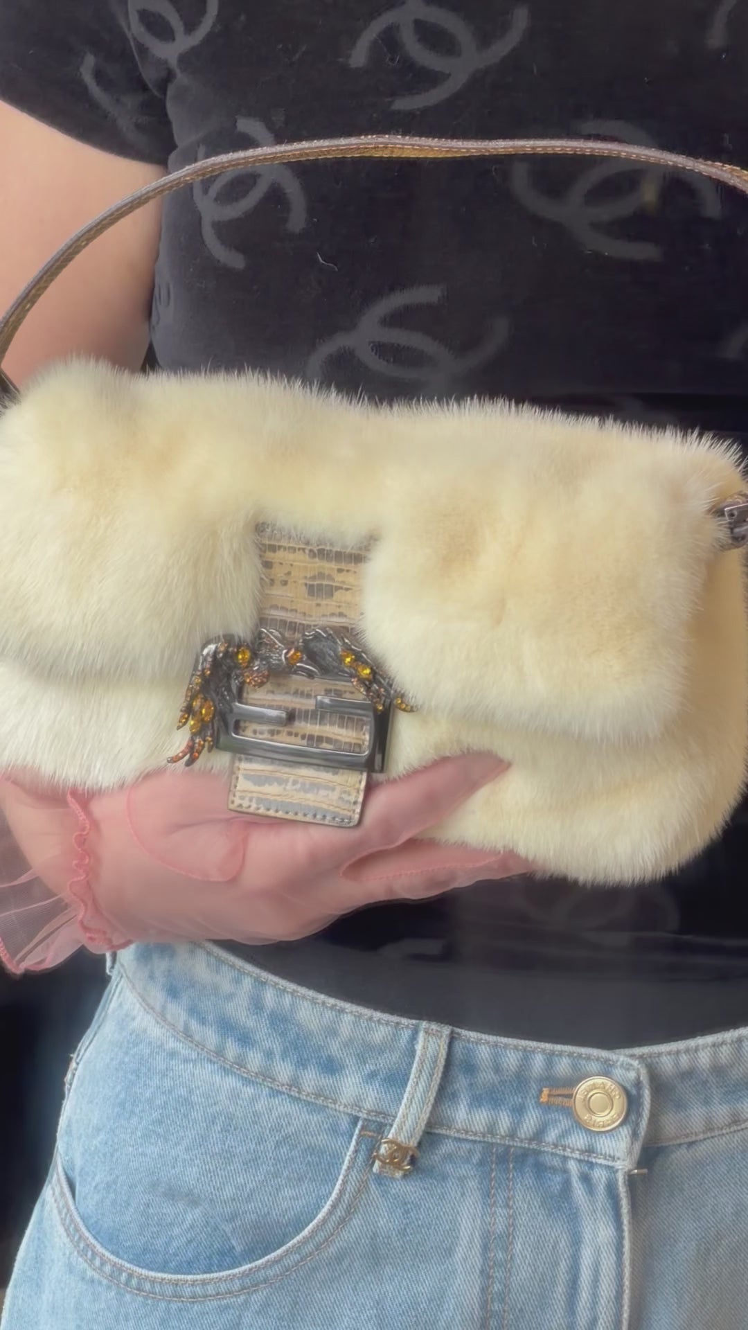 Fendi Crystal Embellished Baguette White Mink Fur Lizard Trim Gold Tone Hardware