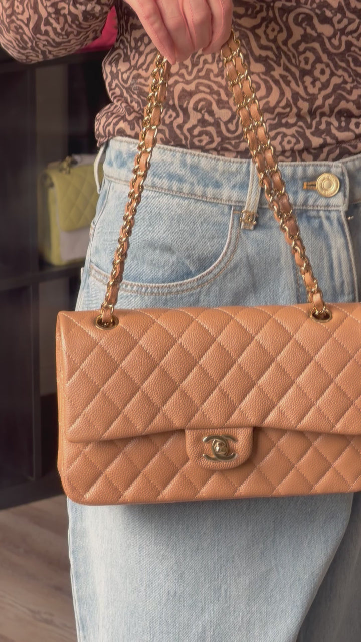 Chanel Medium Classic Flap Bag Dark Beige Caviar Gold Tone Hardware 2018