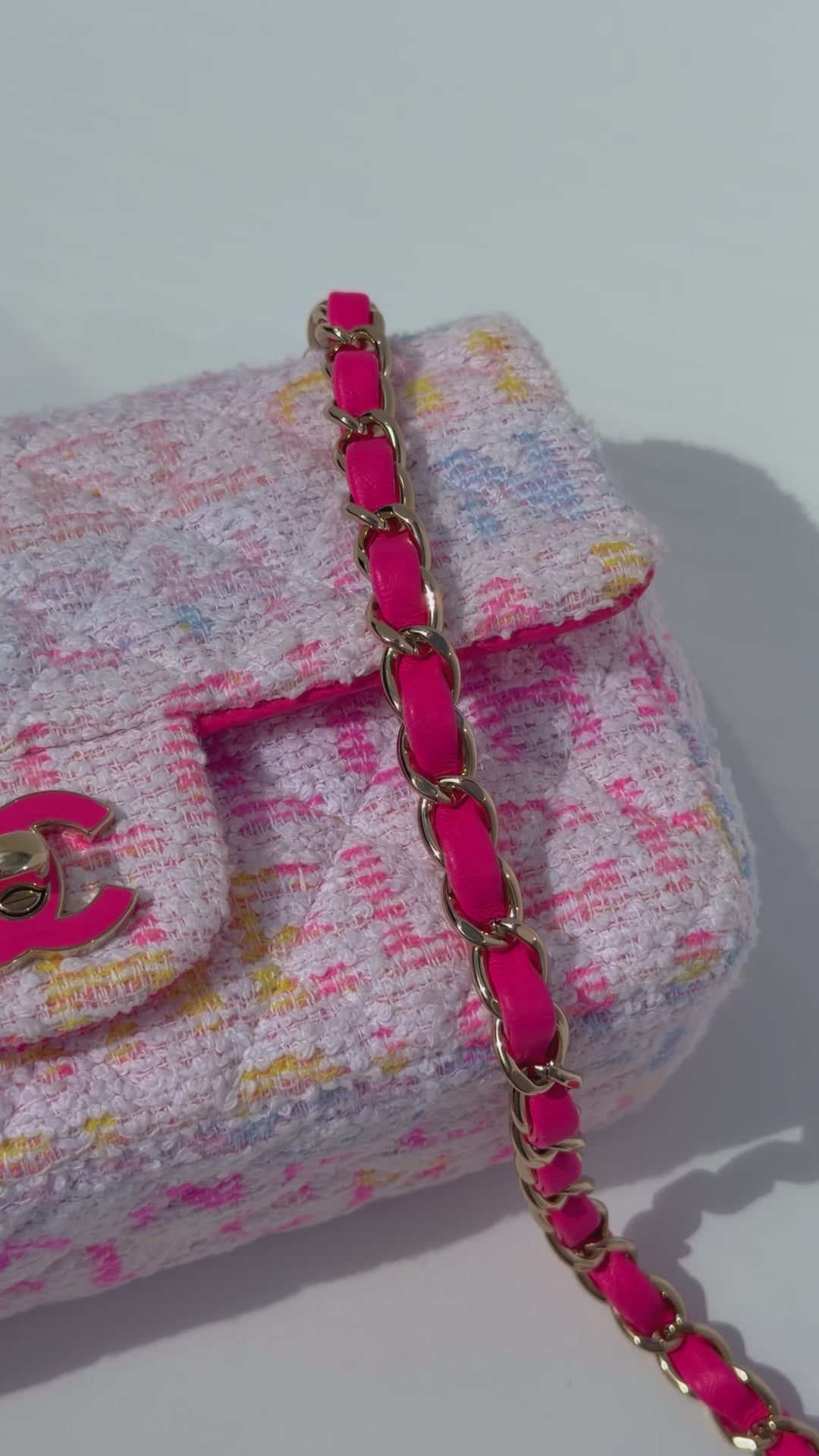 Chanel Mini Rectangular Classic Flap Bag Multicolor Logo Tweed Light Gold Hardware 2024