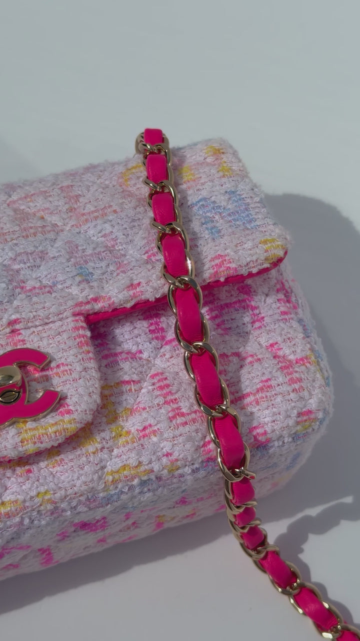 Chanel Mini Rectangular Classic Flap Bag Multicolor Logo Tweed Light Gold Hardware 2024