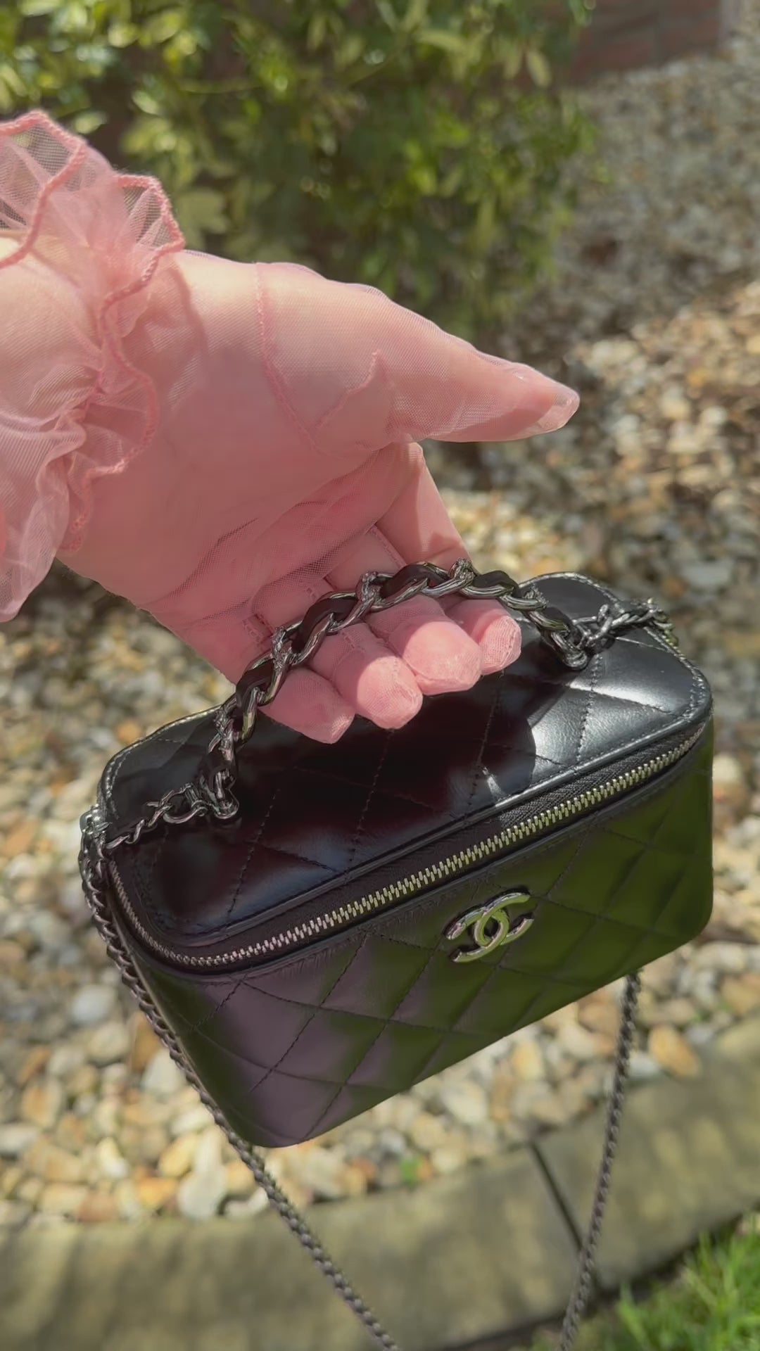 Chanel Shiny Calfskin Quilted Small Crystal Top Handle Vanity W Chain