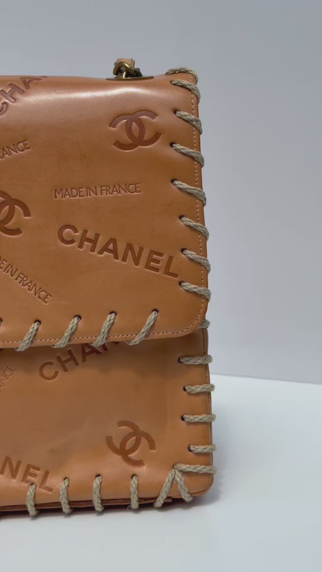 Chanel Half Flap Bag Tan Debossed Logo Calfskin Whipstitched Gold Hardware 1994