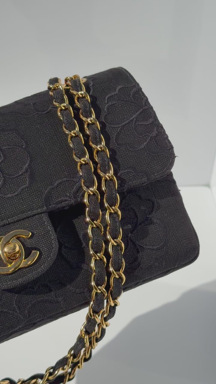 Chanel 1997 Small 24K Black Camellia Classic Flap Bag