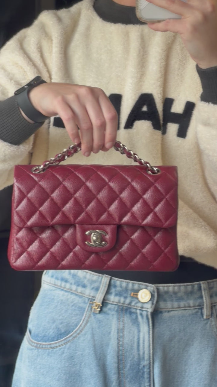 Chanel Small Classic Double Flap Caviar Burgundy Silver Hardware 2020