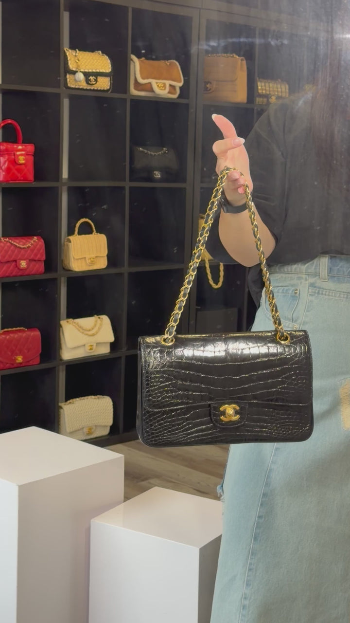 Chanel Medium Classic Flap Bag Alligator Black 24K Plated Gold Hardware 1997