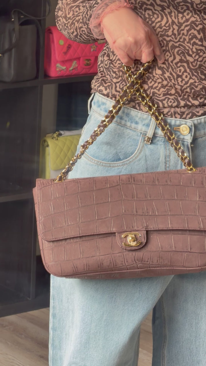 Chanel Maxi Flap Bag Brown Croc-Embossed Suede Calfskin Gold Tone Hardware 2026