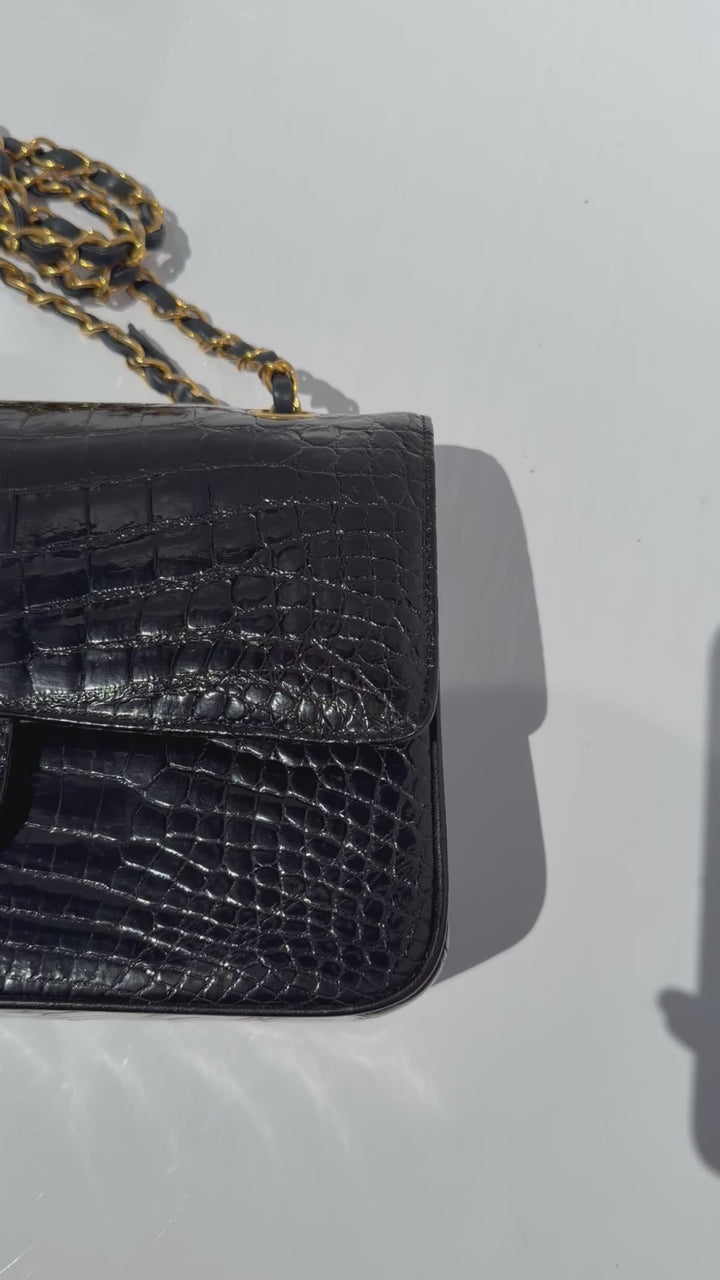 Chanel Medium Classic Flap Bag Alligator Black 24K Plated Gold Hardware 1997