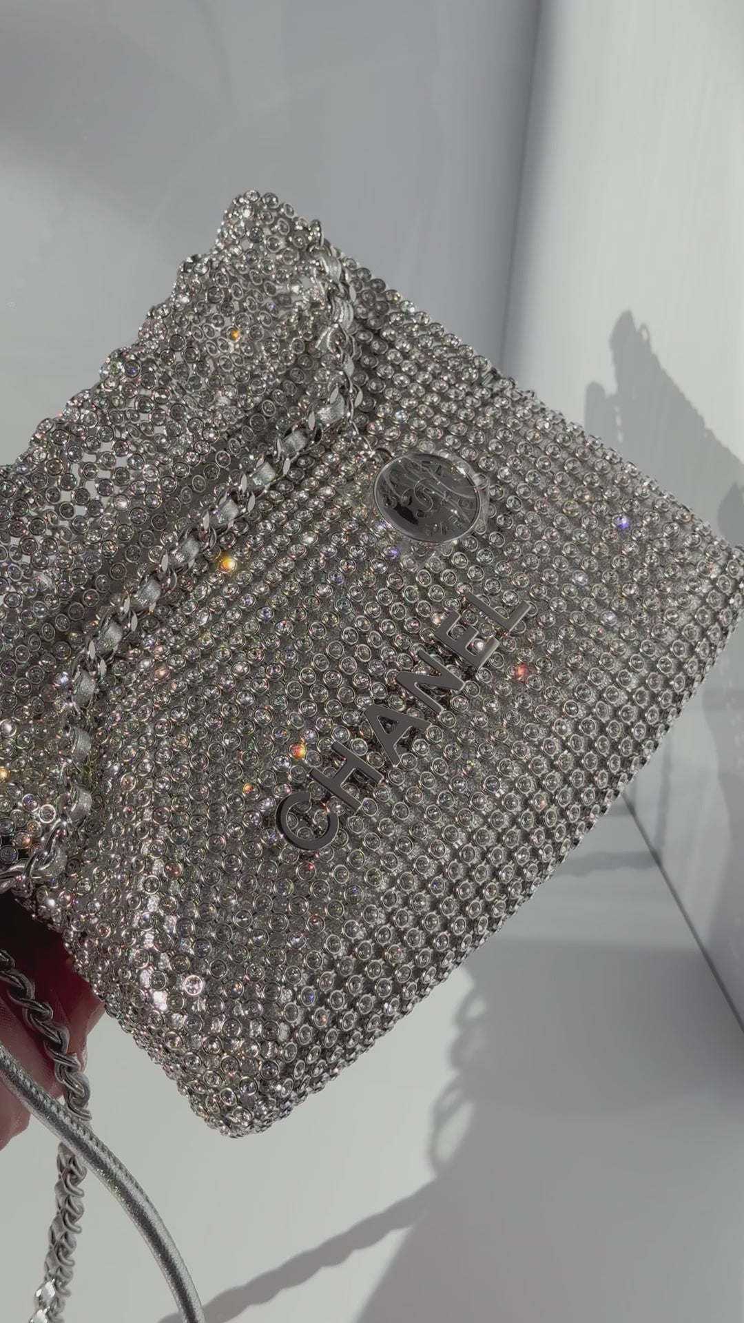 Chanel Mini Chanel 22 Crystal Embellished Metallic Lambskin Silver Silver Hardware