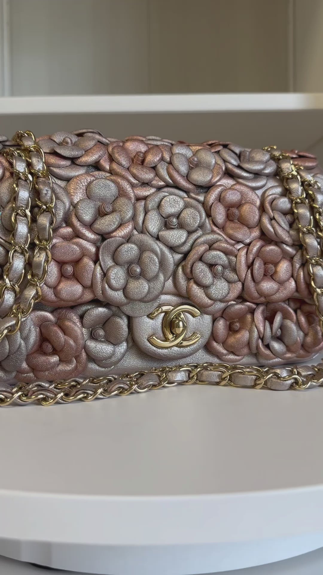 Chanel Metallic Pink and Rose Gold Lambskin Camellia Rose Appliqué Medium Flap Bag