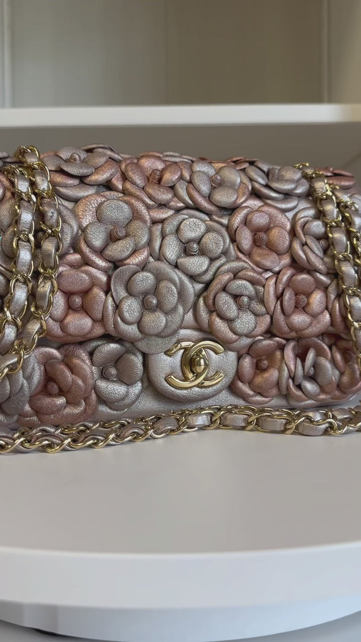 Chanel Metallic Pink and Rose Gold Lambskin Camellia Rose Appliqué Medium Flap Bag