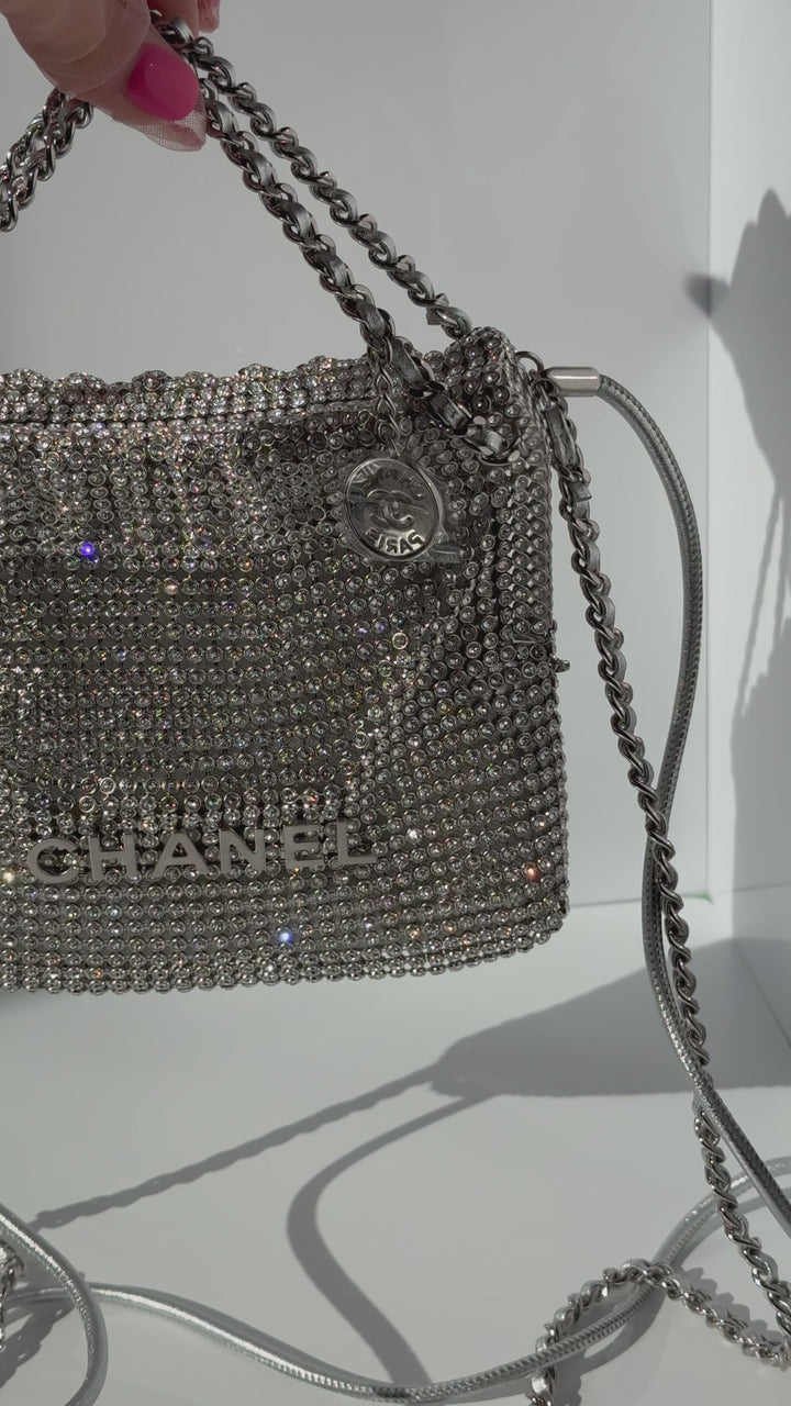 Chanel Mini Chanel 22 Crystal Embellished Metallic Lambskin Silver Silver Hardware