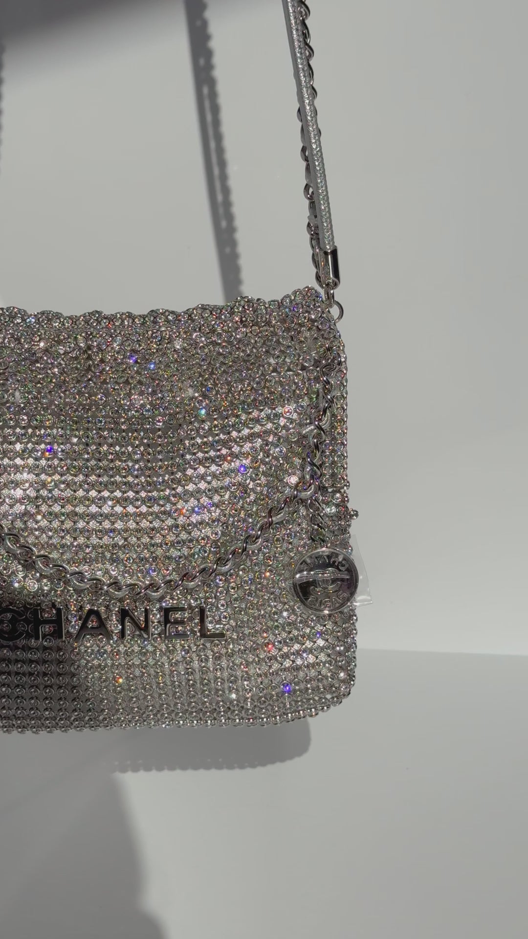 Chanel Mini Chanel 22 Crystal Embellished Metallic Lambskin Silver Silver Hardware