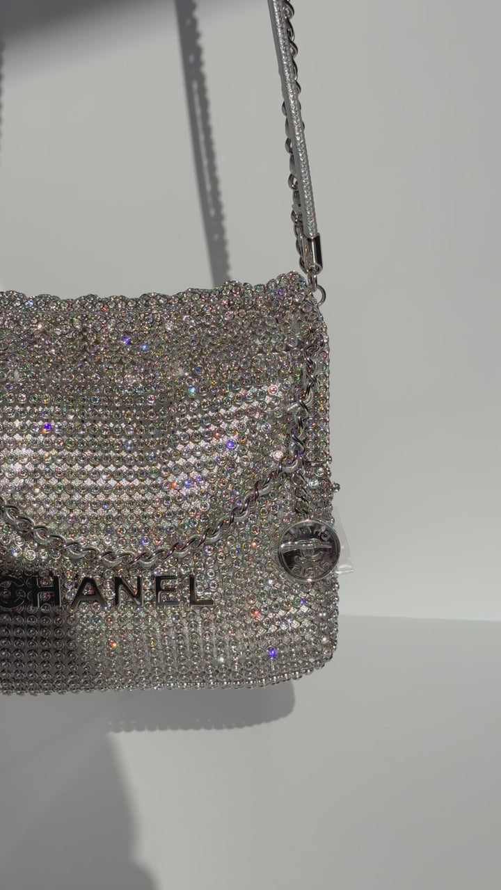 Chanel Mini Chanel 22 Crystal Embellished Metallic Lambskin Silver Silver Hardware