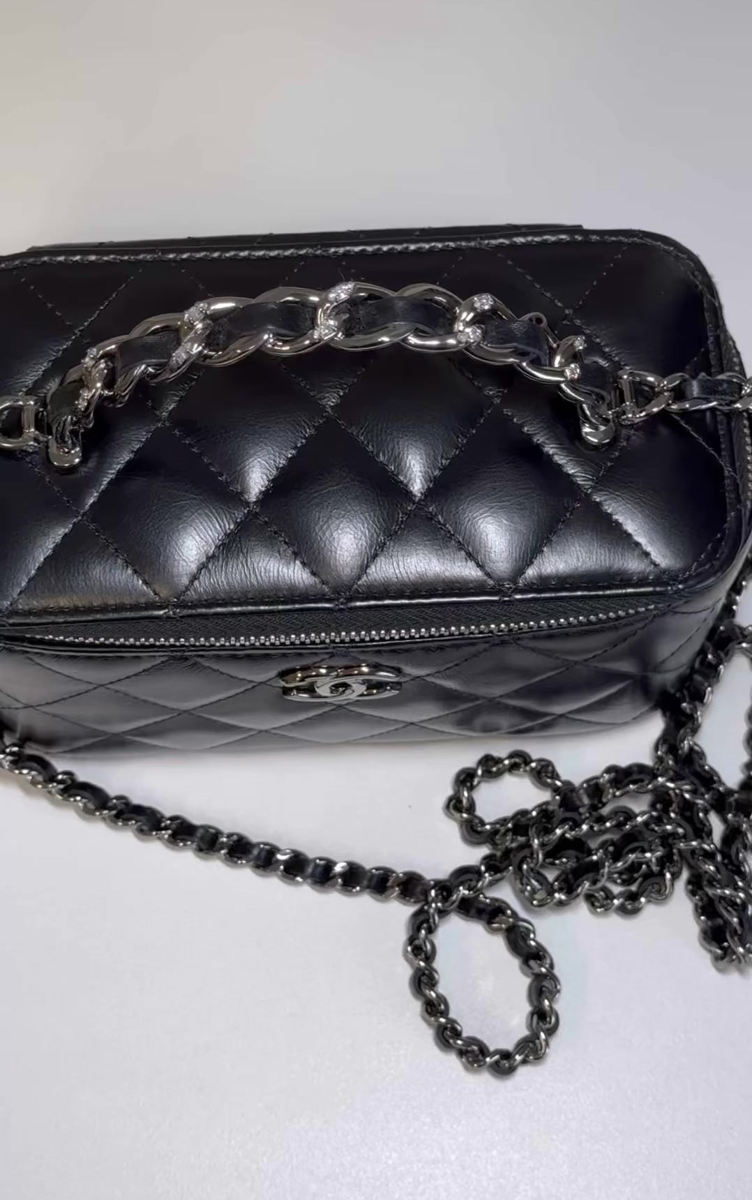 Chanel Shiny Calfskin Quilted Small Crystal Top Handle Vanity W Chain