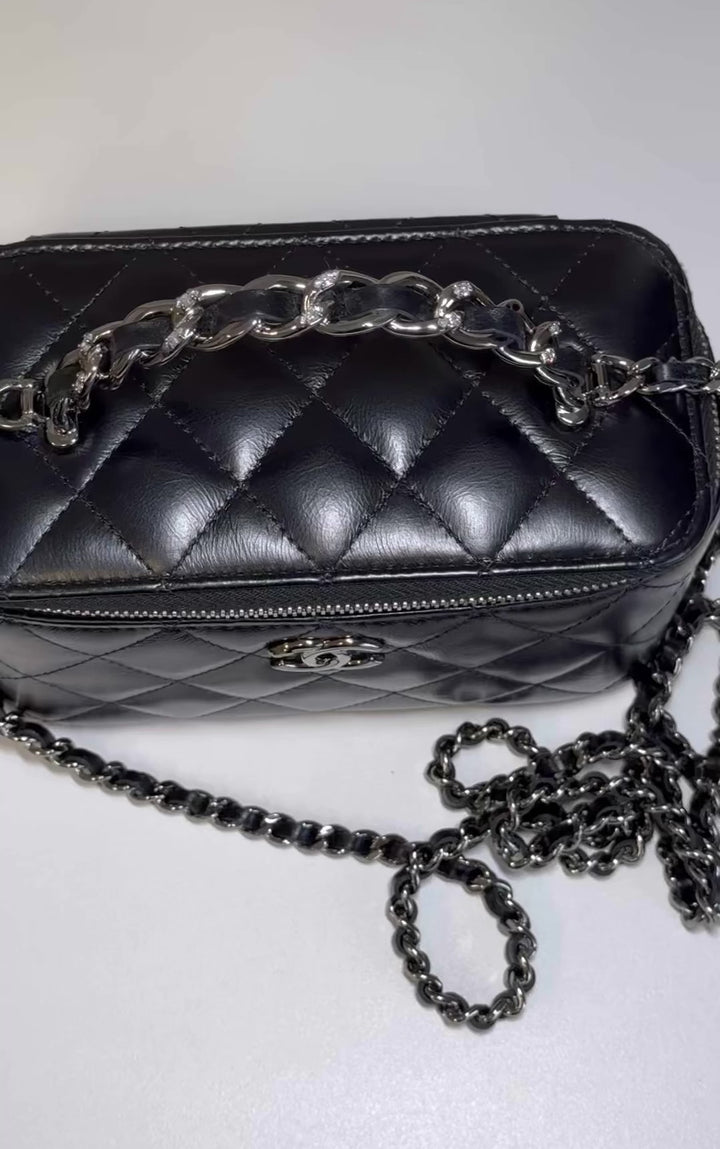 Chanel Shiny Calfskin Quilted Small Crystal Top Handle Vanity W Chain