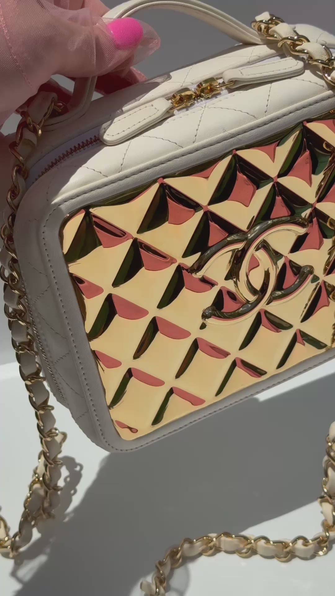 Chanel 21K Small White Lambskin Golden Plate Vanity Case