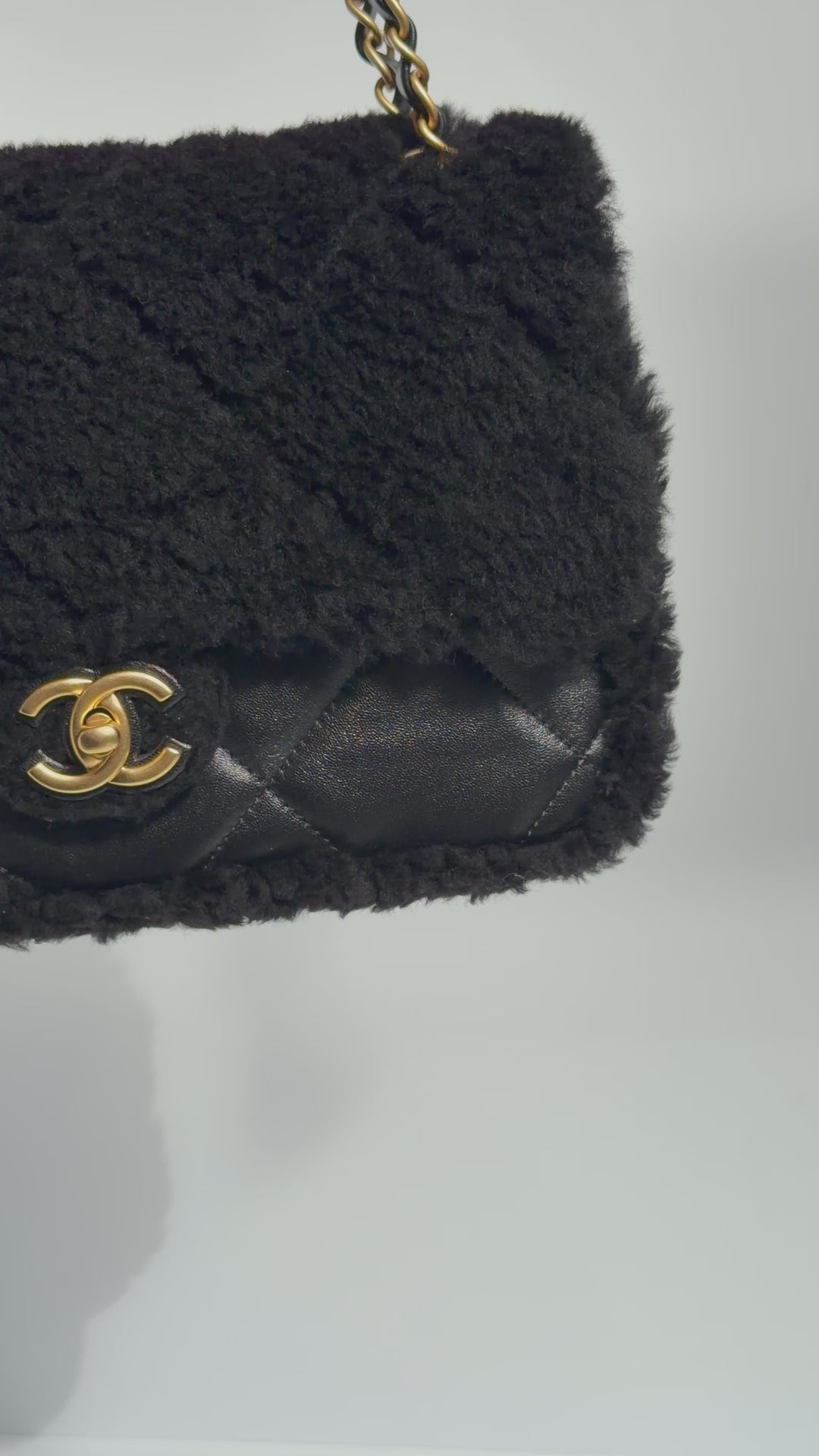 Chanel 24K Black Shearling Medium Flap Bag